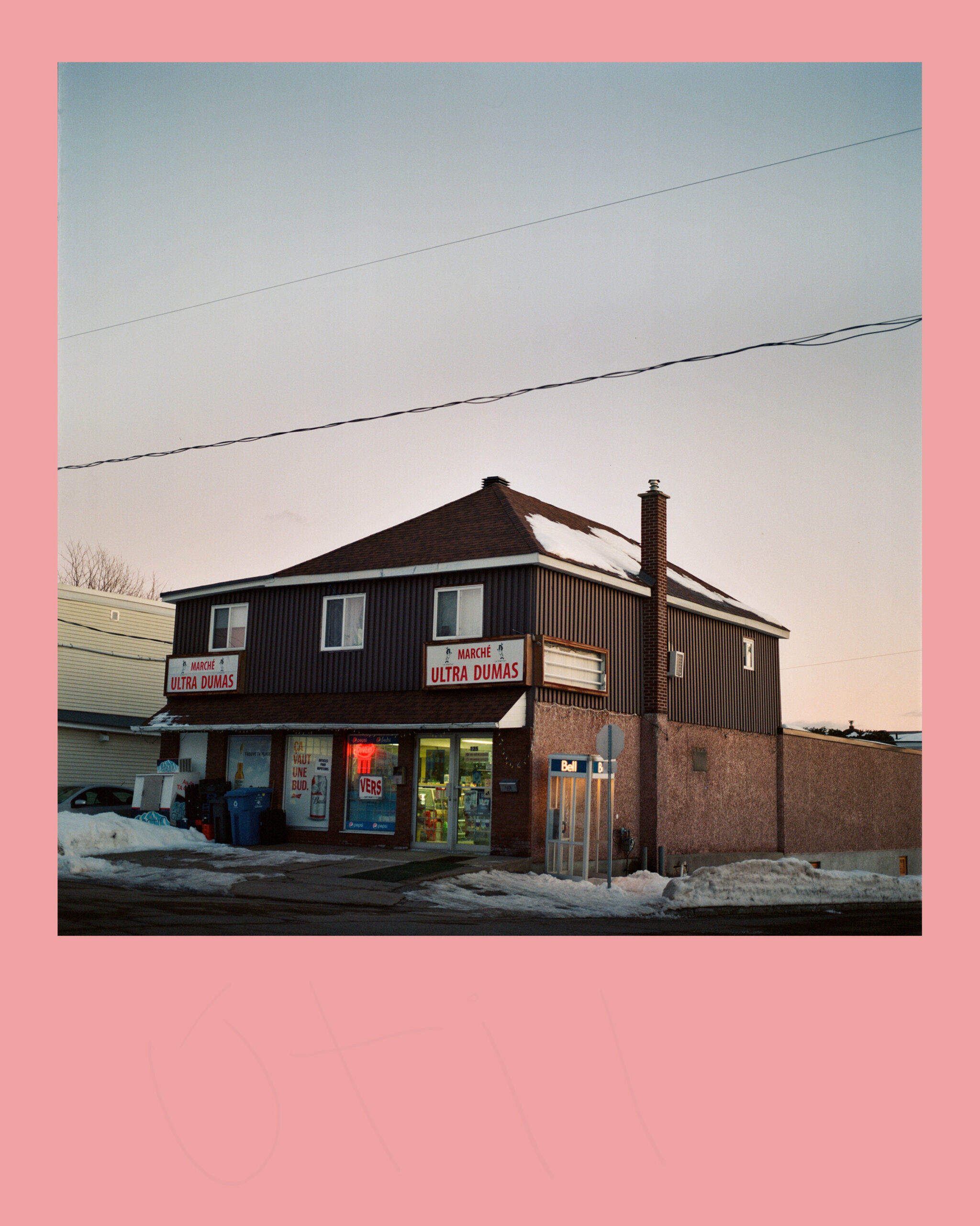 Convenience store, far north, canada, cool colors, neutral mood.