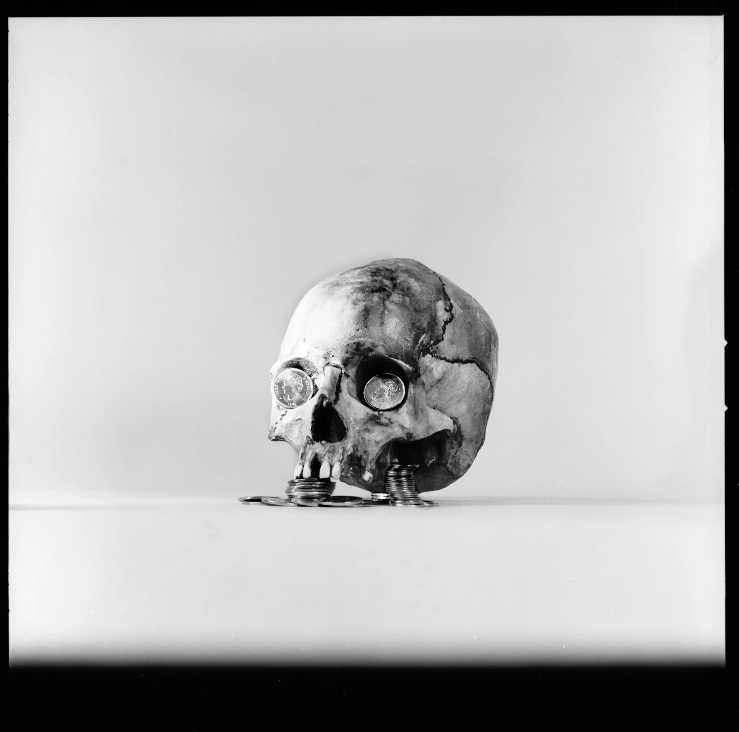 Figura de un cráneo en film. Skull figurine in film, black and white, gelatin